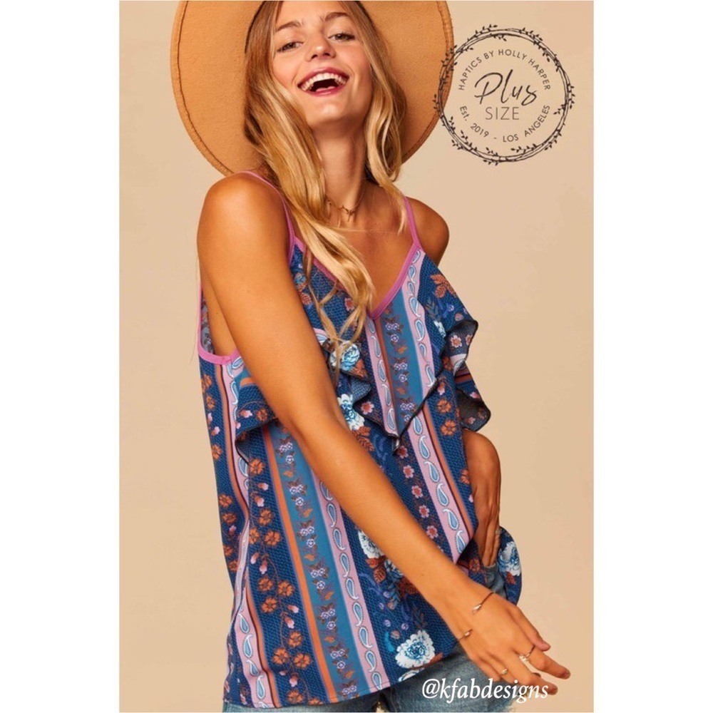 LAST 1! Plus Size Boho Tribal Print Blue/Lilac V Neck Ruffle Detail Top!